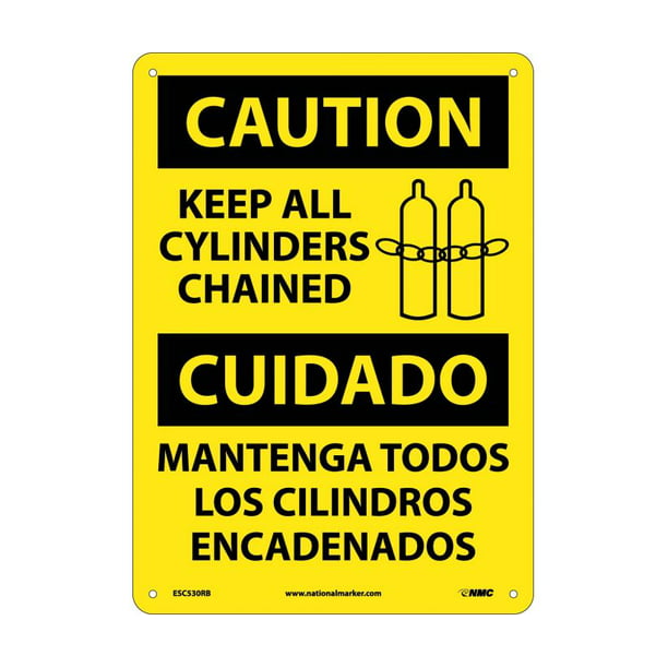 KEEP ALL CYLINDERS CHAINED with Graphic 10 Length x 14 Height KEEP ALL CYLINDERS CHAINED with Graphic 10 Length x 14 Height Legend CAUTION NMC ESC530AB Bilingual OSHA Sign 0.040 Aluminum Black On Yellow Legend CAUTION 